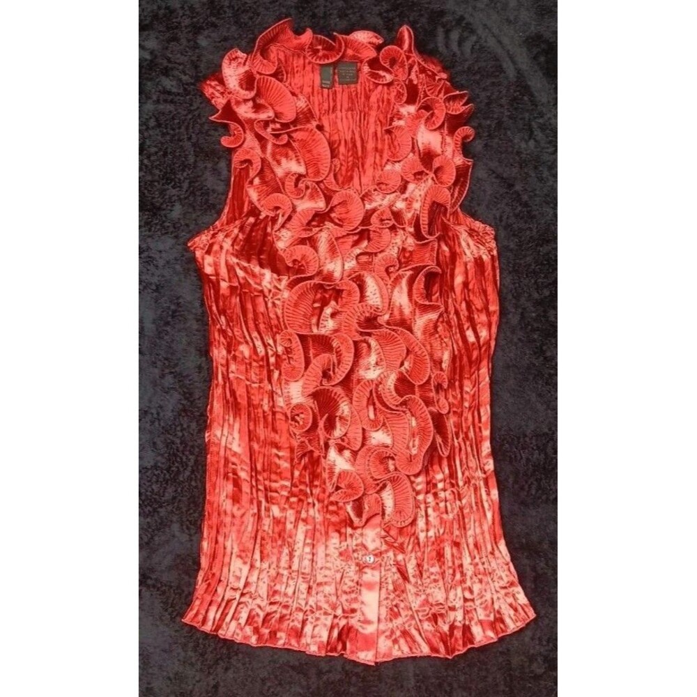 Serenade Sleeveless Pleated Crinkle Ruffle Satin Blouse 1X Red Y2K 90s Retro VTG